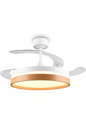 Reality Volda witte plafondventilator van 106 cm in diameter met uitgeklapte wieken en witte LED unit met houten rand in het midden