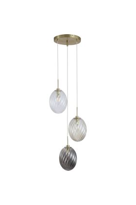 Searchlight Whirl 24141-3SB hanglamp met ronde mat messing plafondplaat en drie pendels met ovaal gedraaid glazen kappen in helder, amber en rookglas