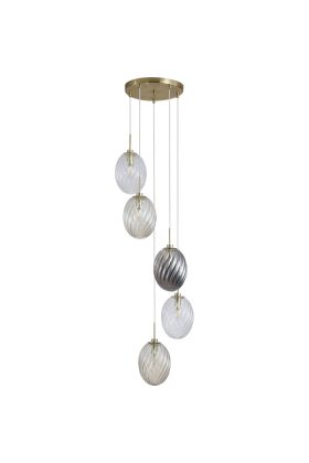 Searchlight Whirl 24141-3SB hanglamp met mat messing plafondbalk en drie pendels met ovaal gedraaid glazen kappen in helder, amber en rookglas