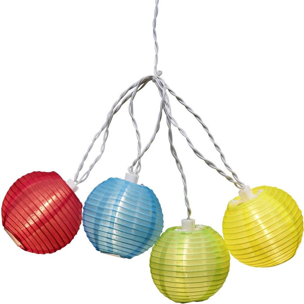 Feestverlichting aan een snoer met vier gekleurde ballen